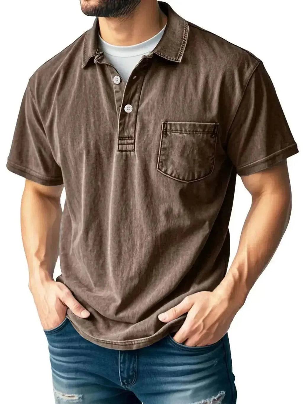 Men’s casual brown polo shirt with pocket, worn by model, ZA-Zola fashion UK