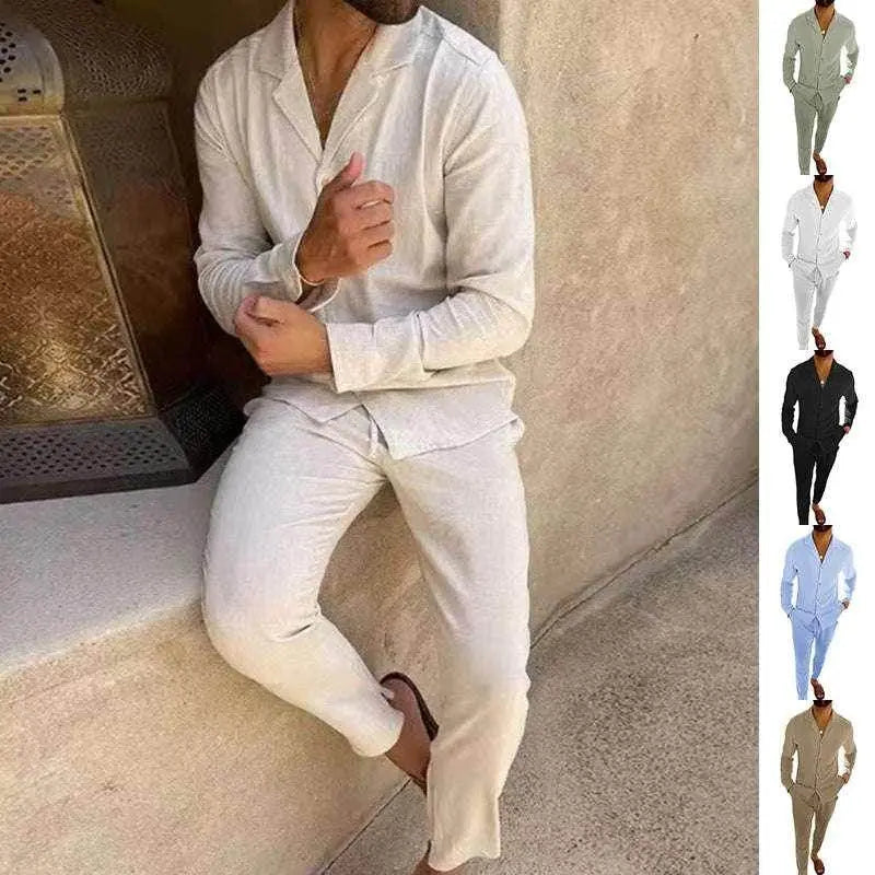 Men's casual long sleeve shirt set in beige, ZA-Zola UK trendy two-piece outfit selection.