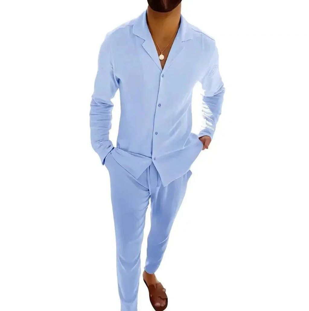 ZA-Zola men's casual light blue long sleeve shirt and pants set, stylish two-piece outfit