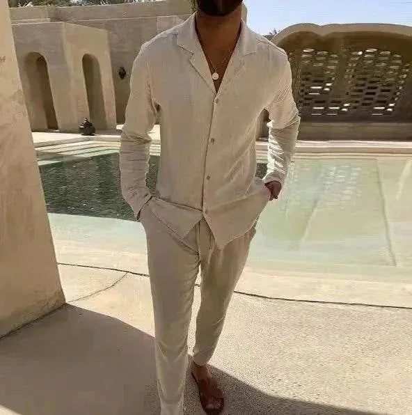 Men's casual beige long sleeve shirt and pants set by ZA-Zola near a modern pool