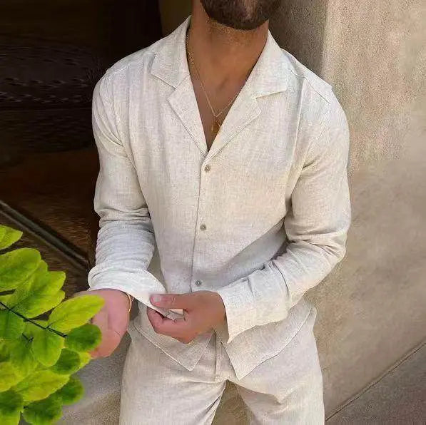 Men’s casual beige long sleeve shirt and pants set, relaxed fit, ZA-Zola fashion