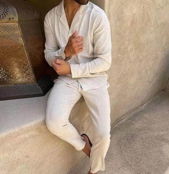 Men's casual beige long sleeve shirt and pants set from ZA-Zola, relaxed outdoor setting