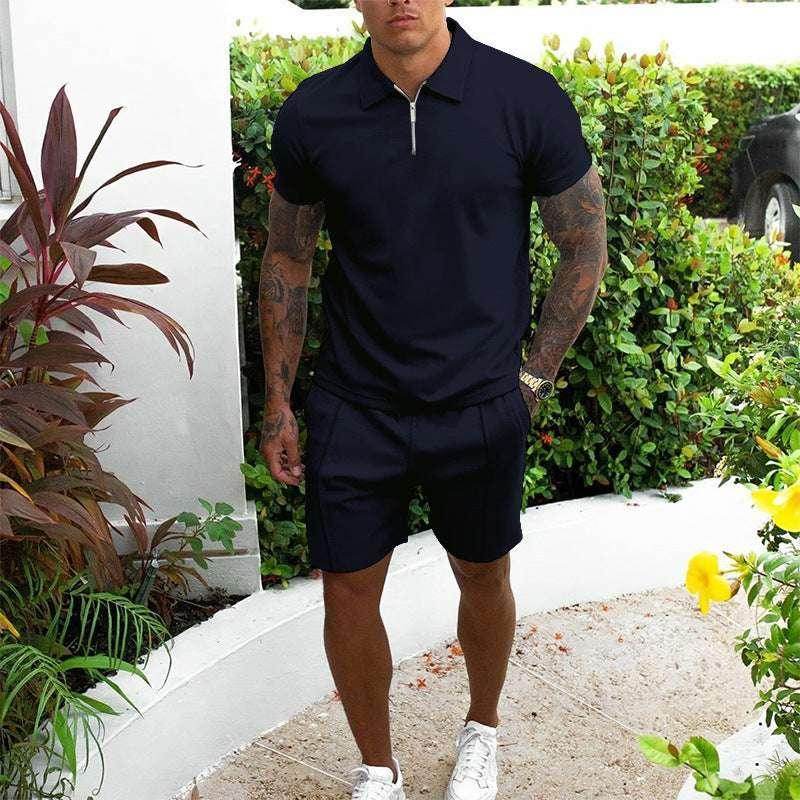 Men's casual navy two-piece t-shirt and shorts set from ZA-Zola, outdoor setting