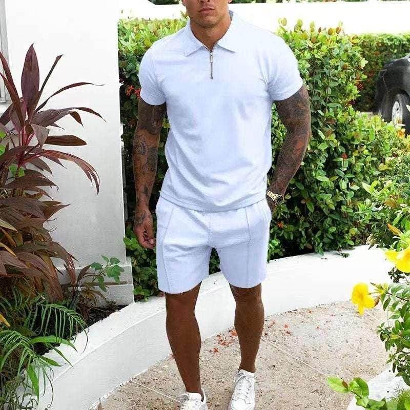 Men's casual white two-piece T-shirt and shorts set from ZA-Zola, outdoor setting