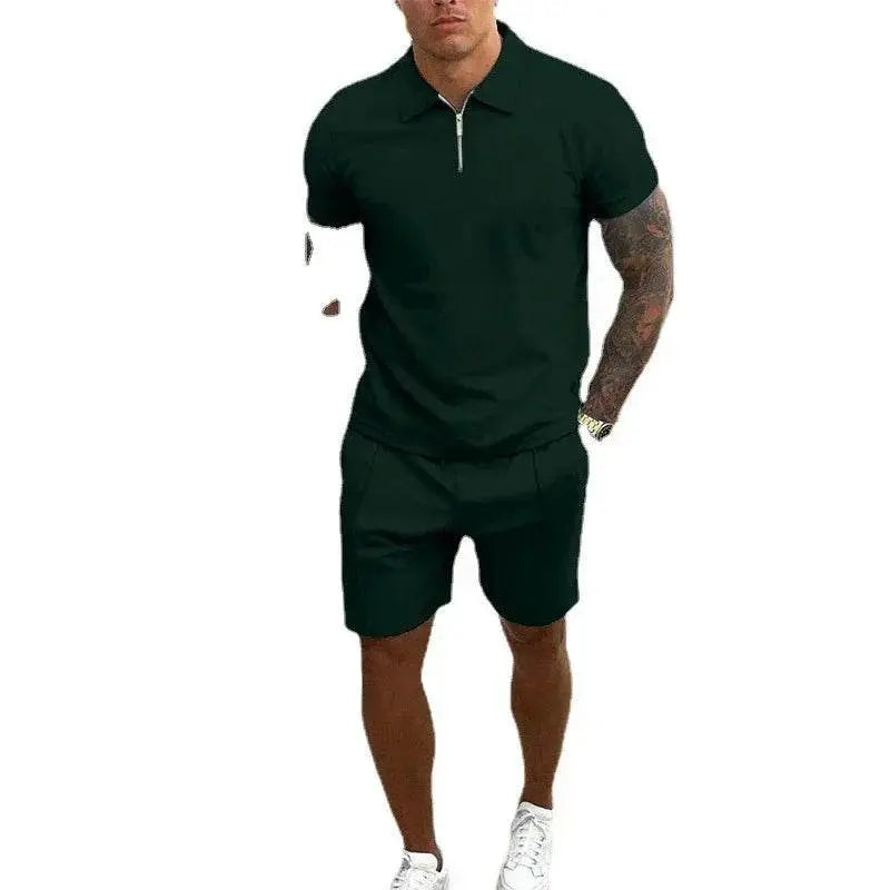 Men’s casual dark green two-piece t-shirt and shorts set from ZA-Zola, white background
