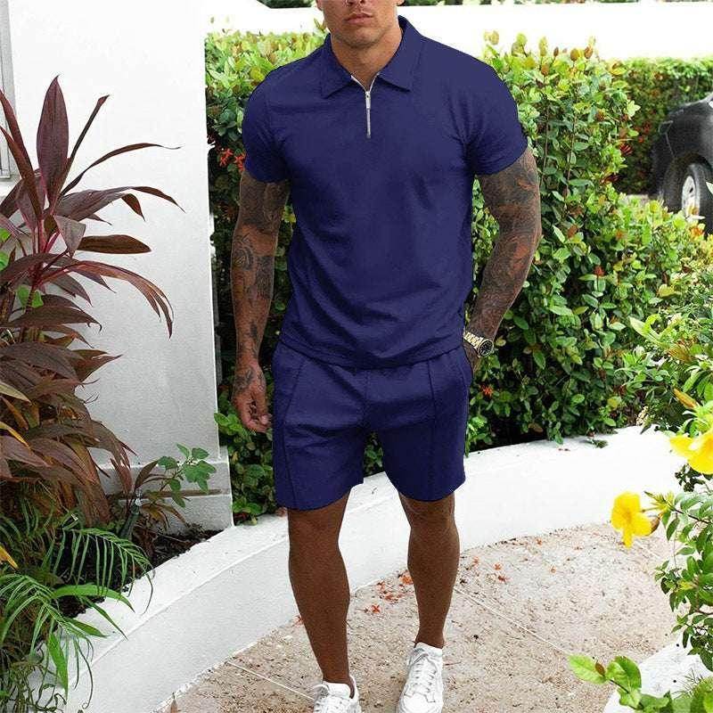 Man wearing navy blue casual two-piece t-shirt and shorts set from ZA-Zola outdoors