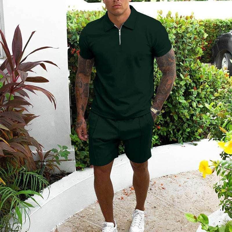 Man wearing dark green casual two-piece t-shirt and shorts set outdoors, ZA-Zola fashion.