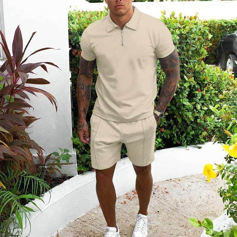 Men's beige two-piece t-shirt and shorts set, casual summer outfit, ZA-Zola fashion