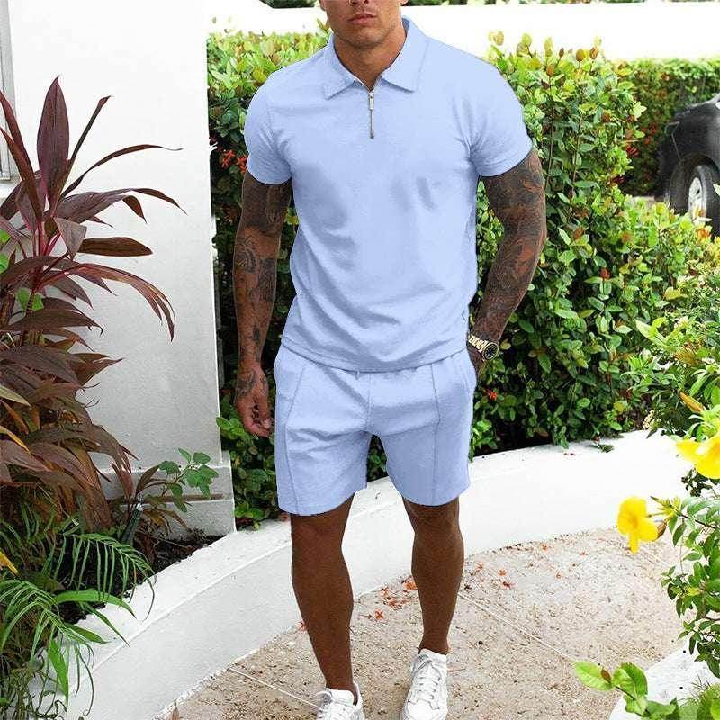 Man wearing light blue casual t-shirt and shorts set from ZA-Zola outdoors