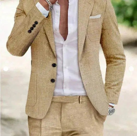 Men's modern beige two-piece suit with white shirt, ZA-Zola bold sleek fit fashion