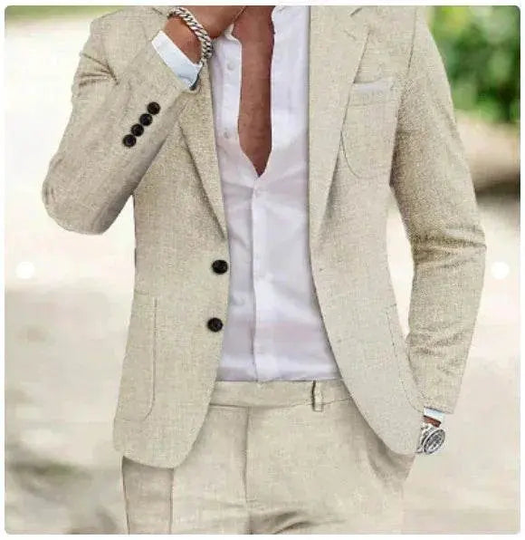 Men's beige digital print 2-piece suit with white shirt from ZA-Zola, sleek modern fit.