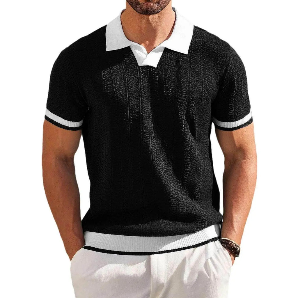Men's jacquard slim black shirt with white collar and trim, summer style at ZA-Zola