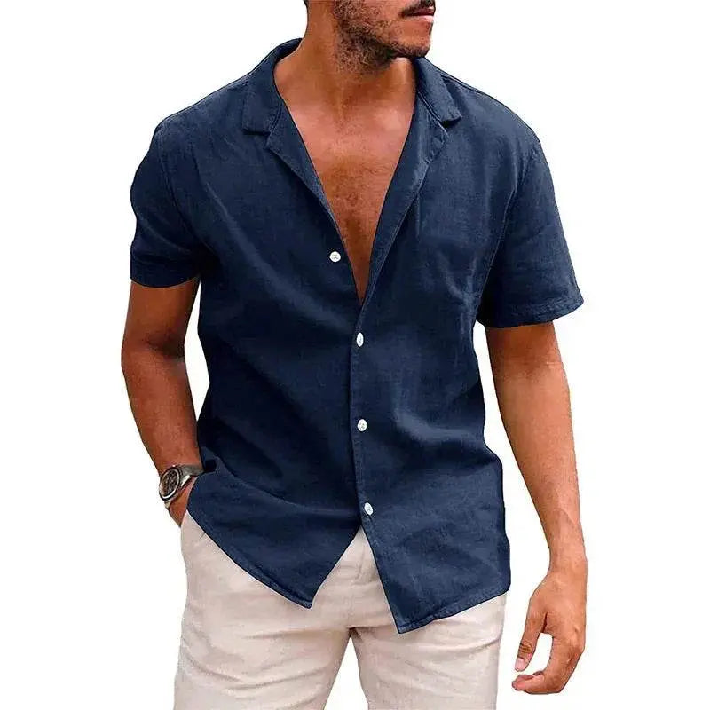 Men's navy linen-cotton button-down beach shirt from ZA-Zola, short sleeves, casual style