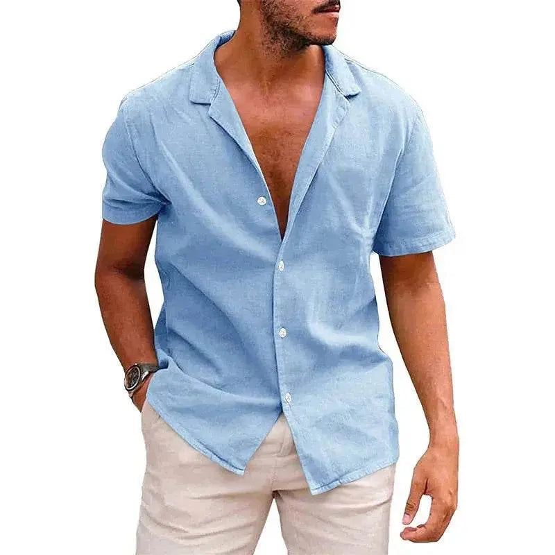 Men's light blue linen cotton button-down beach shirt from ZA-Zola, short sleeves
