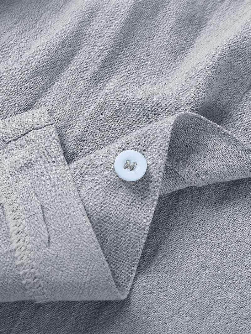 Close-up of light grey linen-cotton button-down shirt cuff from ZA-Zola UK