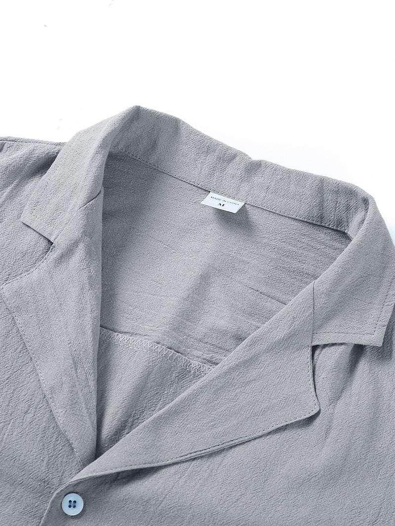 Light grey men's linen cotton button down beach shirt from ZA-Zola, close-up collar view
