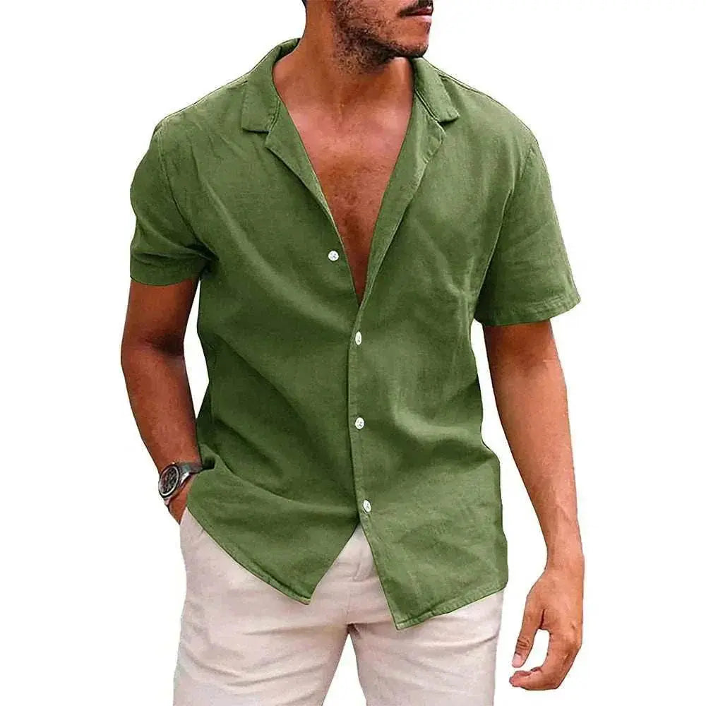 Men's green linen cotton button-down beach shirt from ZA-Zola, short sleeves, casual style