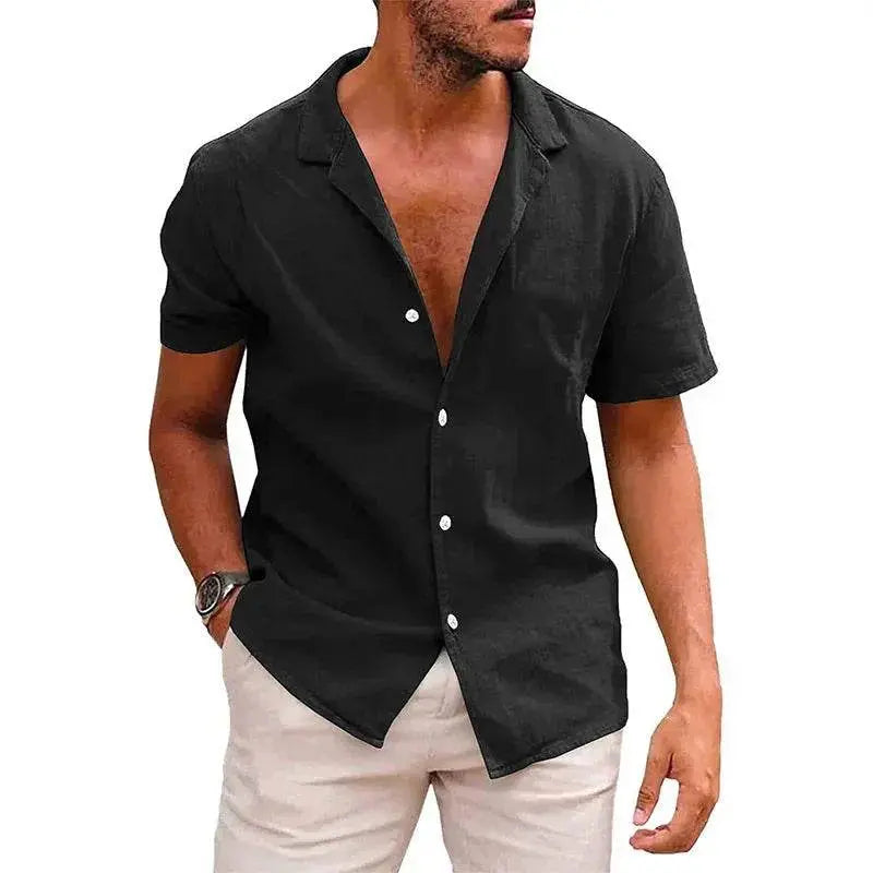 Men's black linen-cotton button-down beach shirt from ZA-Zola, short sleeves, casual style