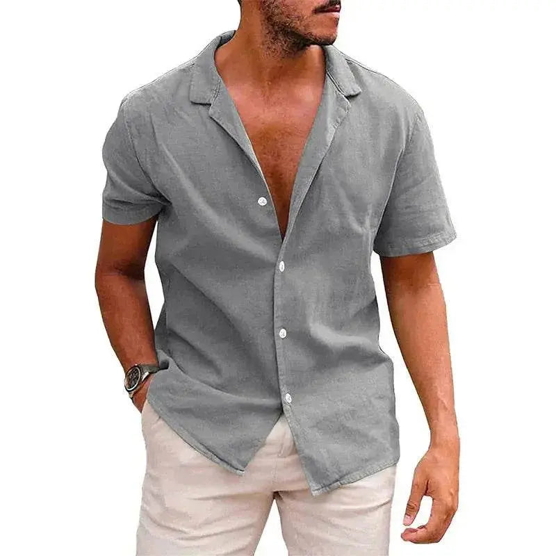 Men's grey linen cotton button-down beach shirt from ZA-Zola, short sleeves, casual fit.