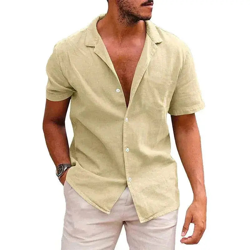 Men’s linen cotton button-down beach shirt in light beige from ZA-Zola apparel UK