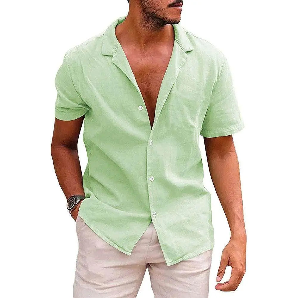 Men's light green linen-cotton button-down beach shirt from ZA-Zola, short sleeves, casual fit.