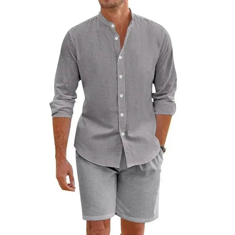 Men's grey linen summer shirt and shorts set from ZA-Zola, stylish casual wear