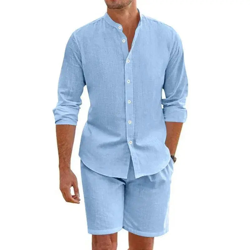 Light blue men's linen summer set with button-up shirt and shorts from ZA-Zola