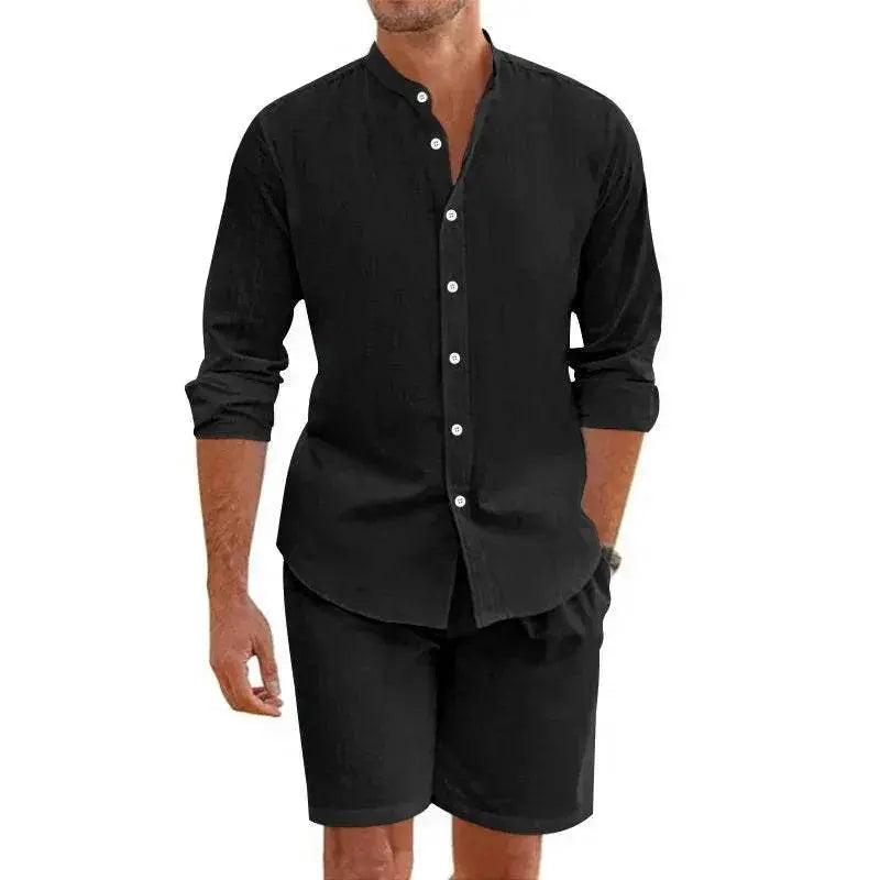 Men's black linen summer shirt and shorts set from ZA-Zola on white background