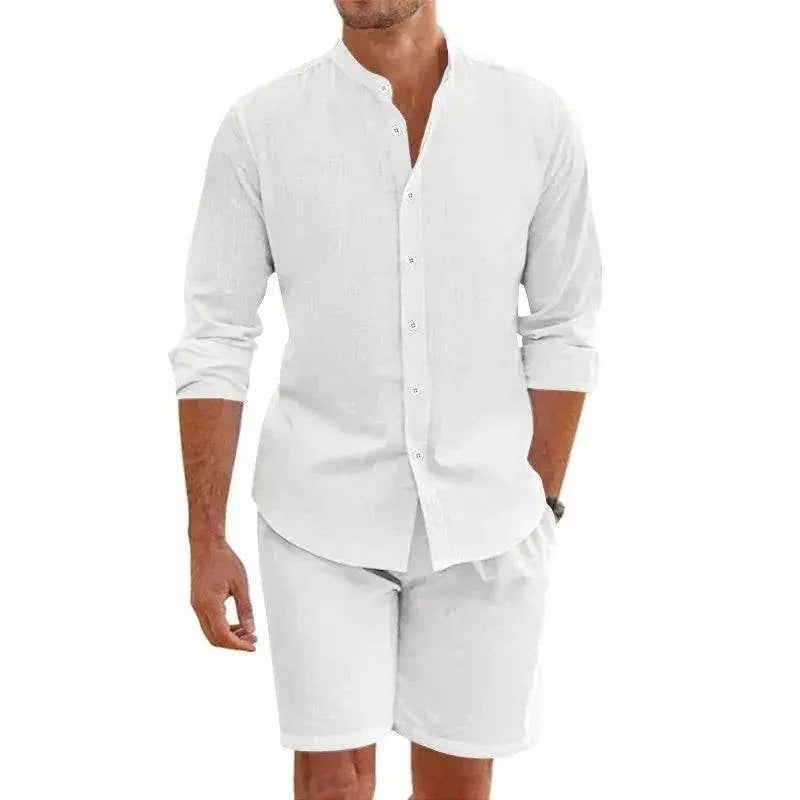 Men’s white linen summer shirt and shorts set from ZA-Zola, stylish casual outfit