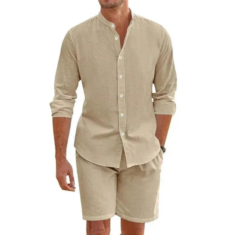 Men's beige linen summer shirt and shorts set from ZA-Zola, long sleeve, casual outfit