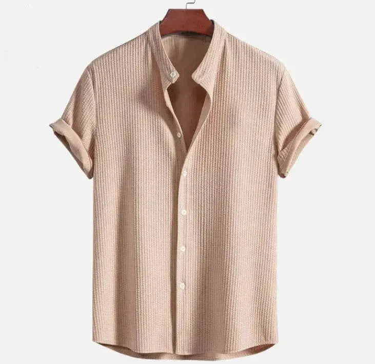 Beige men's loose short sleeve summer shirt with textured fabric, from ZA-Zola fashion.