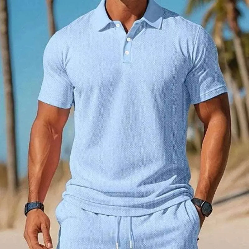 Men's light blue mesh lapel shirt and shorts set, summer beachwear by ZA-Zola