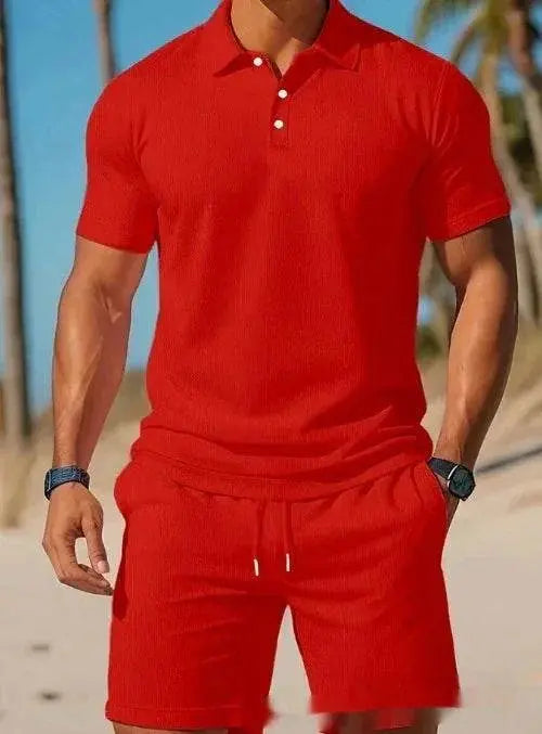 Men's red mesh polo shirt and shorts summer set from ZA-Zola UK on a beach