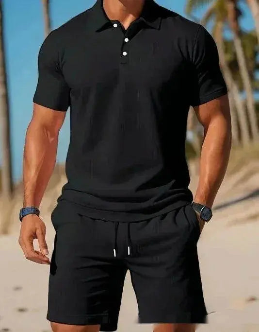 Men's black mesh lapel shirt and shorts summer set from ZA-Zola on a beach