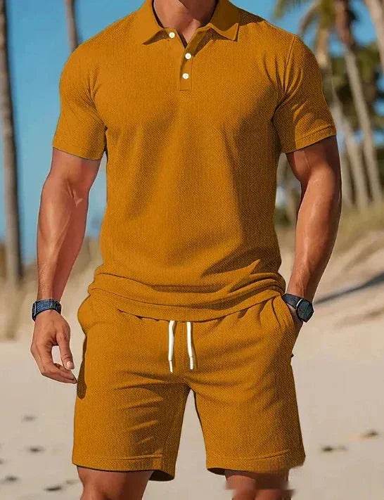 Men’s mustard mesh polo shirt and shorts set, summer fashion on ZA-Zola beach background
