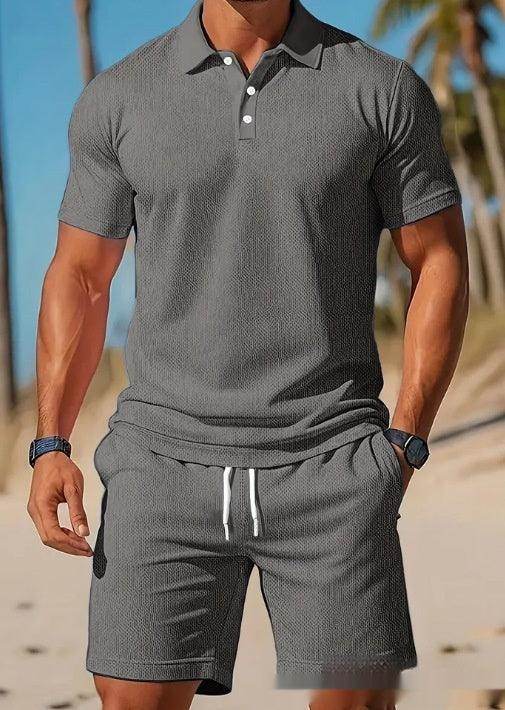 Men's grey mesh lapel shirt and shorts set, summer beachwear from ZA-Zola United Kingdom