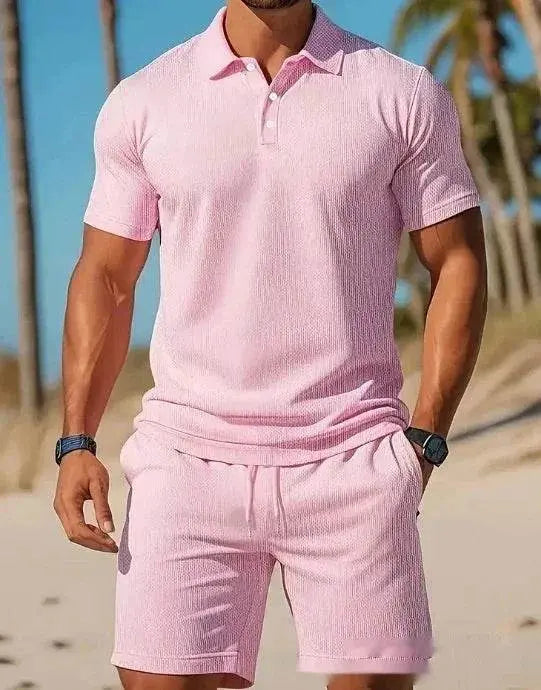 Men’s pink mesh lapel shirt and shorts set, summer beachwear from ZA-Zola UK.