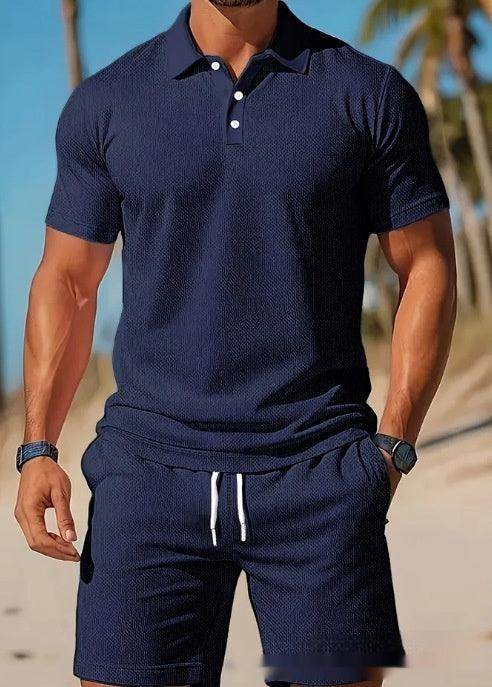 Men's navy mesh lapel shirt and shorts summer set from ZA-Zola on a beach