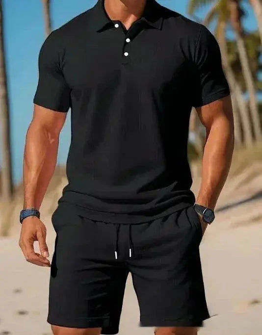 Men’s black mesh polo shirt and shorts set, summer beach style, ZA-Zola fashion UK