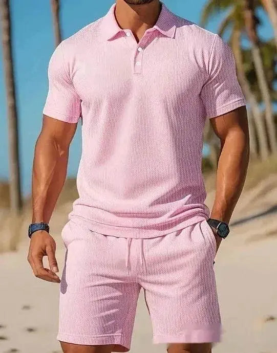 Men's pink mesh polo shirt and shorts set from ZA-Zola, beachwear summer fashion.