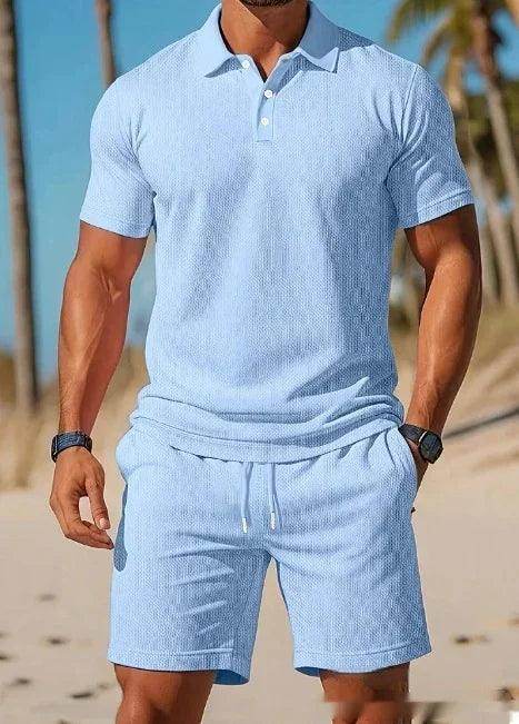 Men’s blue mesh lapel shirt and shorts set, summer beachwear from ZA-Zola, palm trees in background