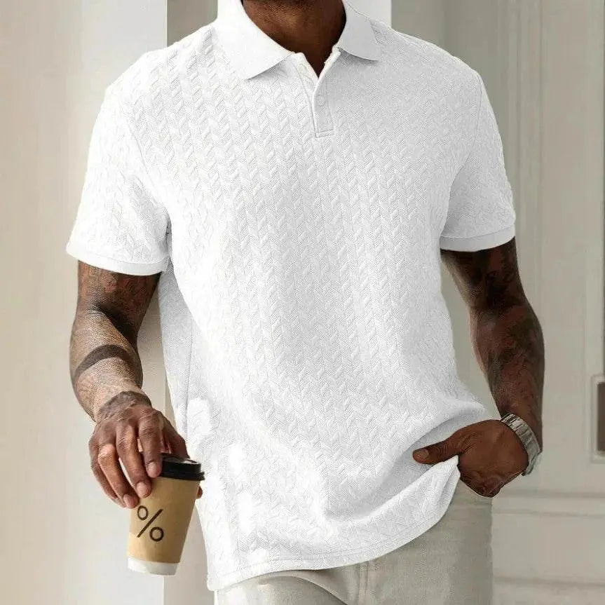 Men's white textured polo collar short sleeve shirt, casual fit, ZA-Zola fashion