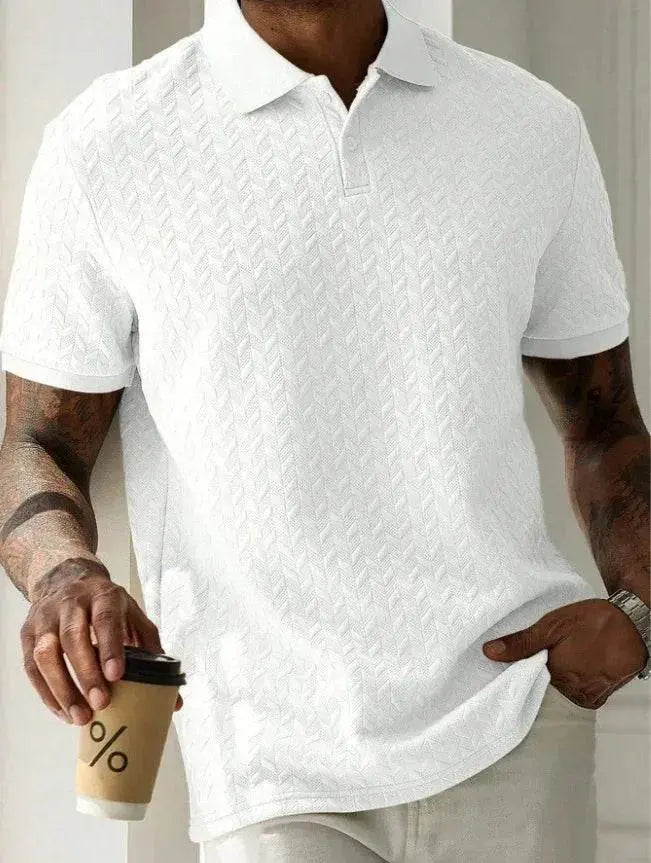 ZA-Zola men's white polo collar short sleeve shirt, casual fit, textured pattern