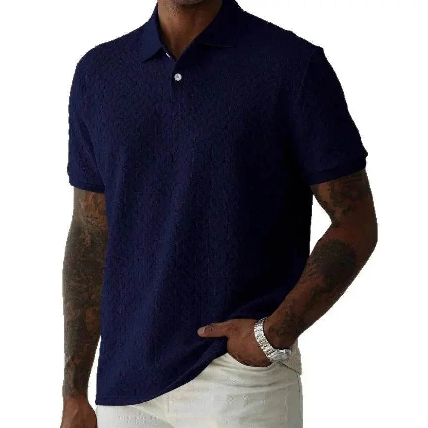 Men’s navy polo collar short sleeve shirt, casual fit, by ZA-Zola, styled with white pants