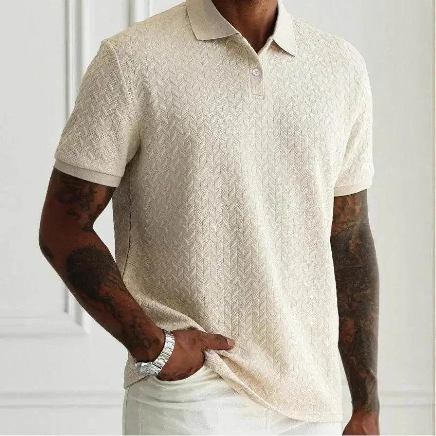 Men's beige polo collar short sleeve shirt with subtle textured pattern, ZA-Zola casual fit