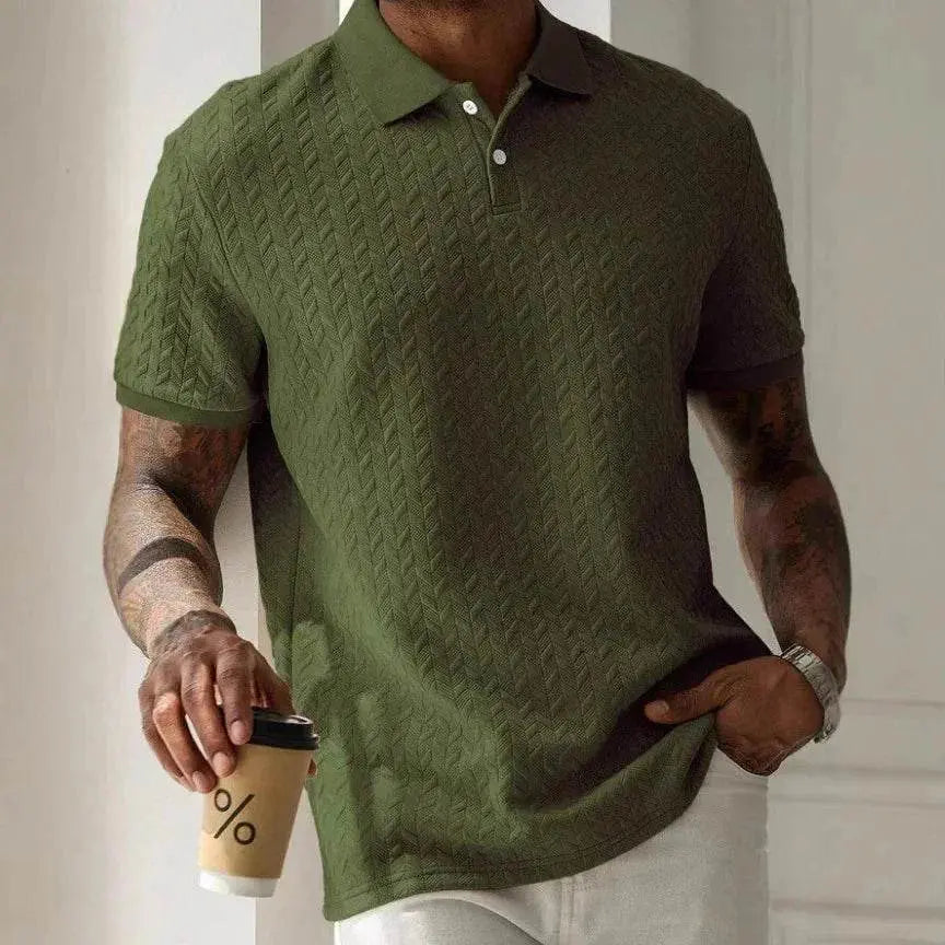Men's olive green polo collar short sleeve shirt from ZA-Zola, casual textured design