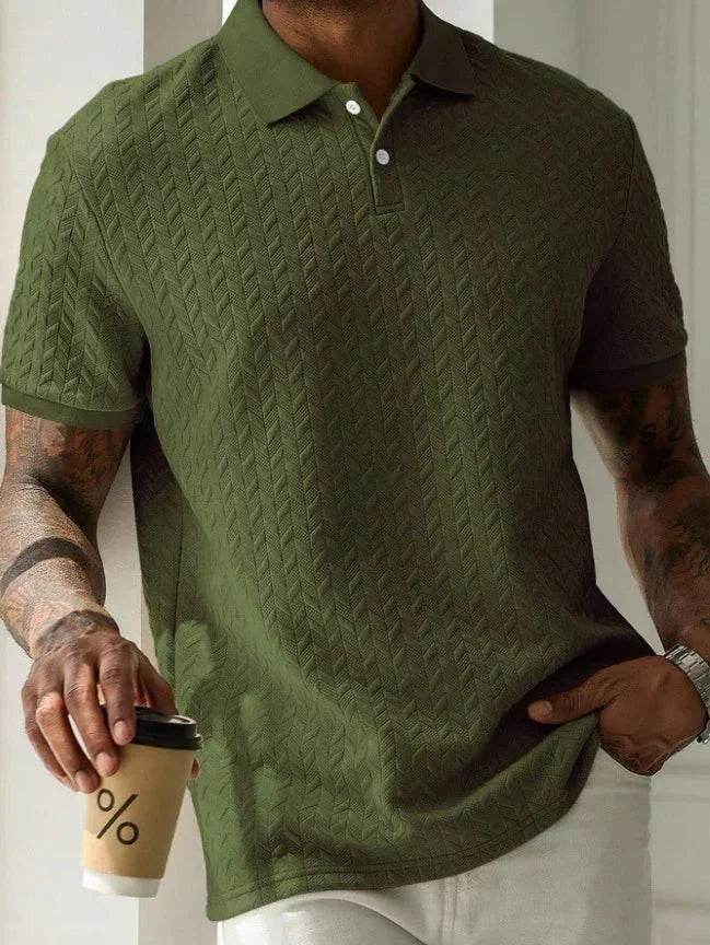 Men's green textured polo collar short sleeve shirt, casual fit, ZA-Zola fashion