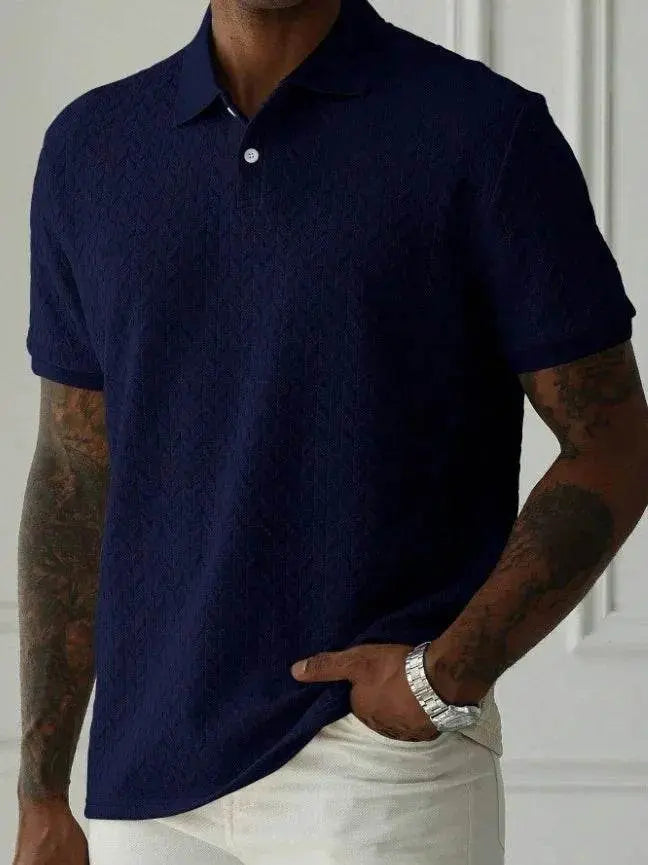 Men's navy polo collar short sleeve shirt from ZA-Zola, casual fit, paired with light pants