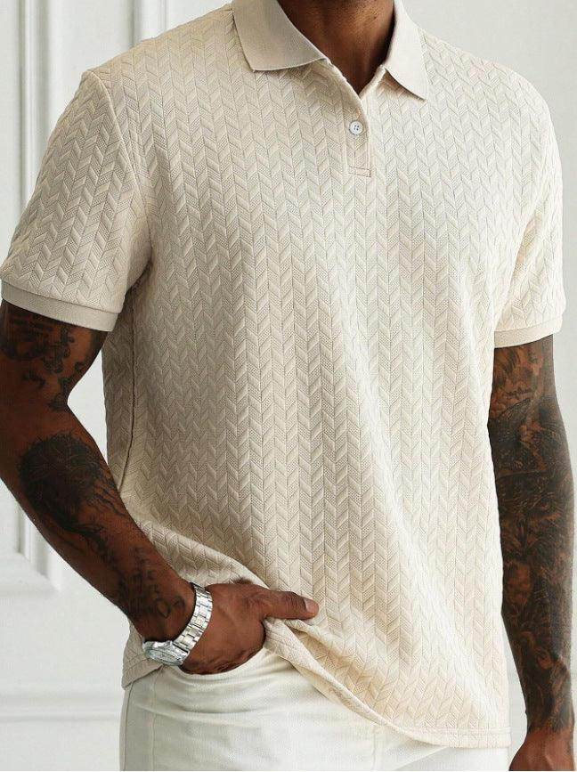 Men's beige polo collar short sleeve shirt with textured pattern, casual fit from ZA-Zola