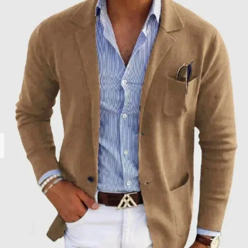 Men's printed double button spring blazer from ZA-Zola, tan color, paired with blue striped shirt